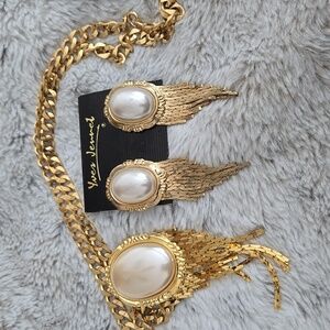 Yves Jennet gold and white earrings and pin set